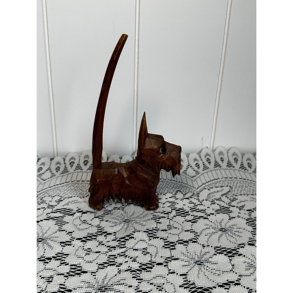 Vintage Hand Carved Wooden Scottie Dog Ring Holder Scottish Terrier Figurine